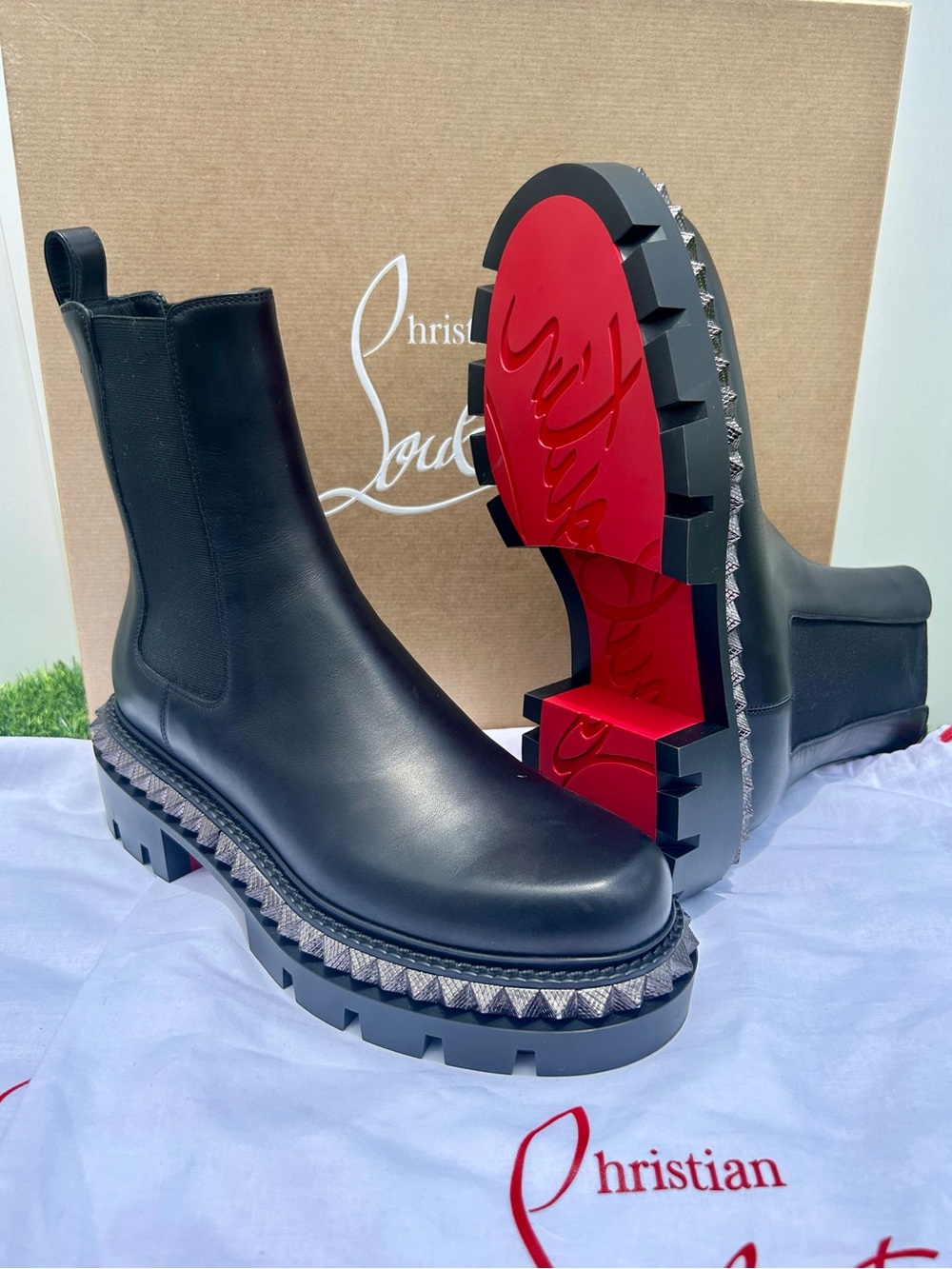 CHRISTIAN LOUBOUTIN ST EMILIA PYRACLOU SPIKES BLACK LEATHER ANKLE BOOT SZ 38 NEW